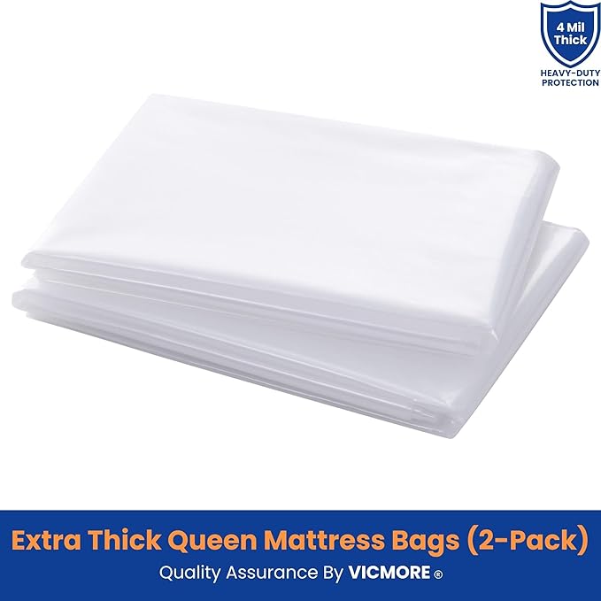 VICMORE 2-Pack Queen Mattress Bags for Moving & Storage – 4 Mil Heavy-Duty Plastic Mattress Cover, Tear-Resistant & Odorless, Reusable & Recyclable