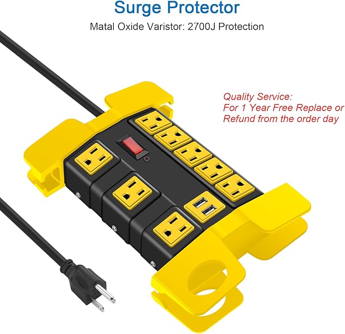Heavy Duty Power Strip with USB, Workshop 8 Outlet Surge Protector 2700 Joules, Industrial Metal 15Amp Power Strip, 6 FT Extension Cord and Wide Spaced Black.