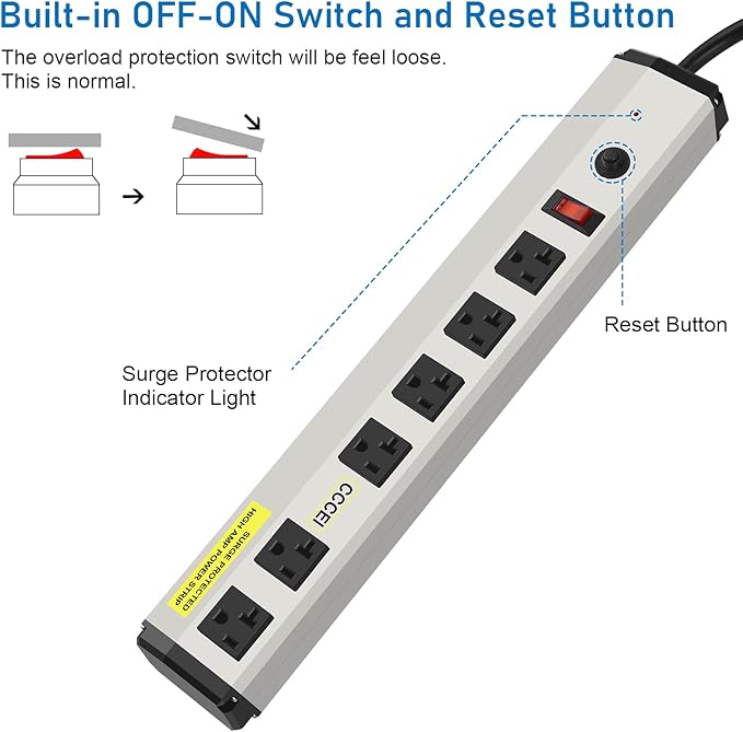 CCCEI Heavy Duty Power Strip Surge Protector 20 Amp, High Amp Industrial Shop Garage Metal Multiple Outlets, 10 FT 12 Gauge 5-15P Extension Cord 6 Outlet 6-20R T-Slot 20a for Appliance.