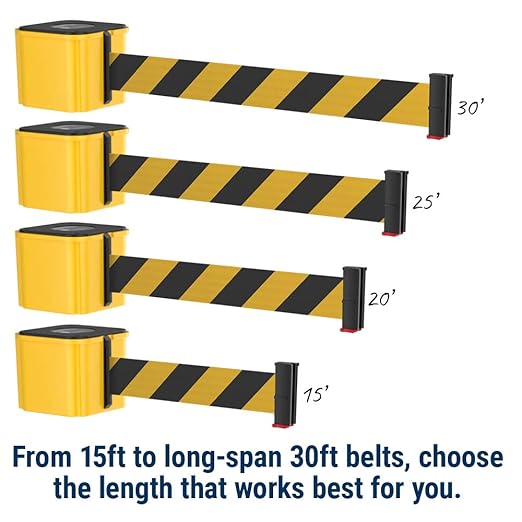WM412 Retractable Belt Wall Mounted Smooth Black Crowd Control Barrier and Receiving End, 15' Black/Yellow Diagonal Belt