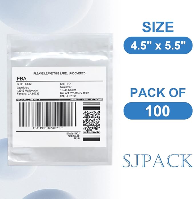 SJPACK 4.5'' x 5.5'' Packing List Envelopes - 100 Clear Adhesive Top Loading Pouches for Invoices & Mailing