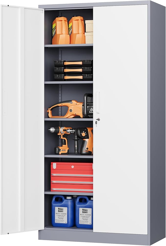 STANI Metal Garage Storage Cabinet with Lock, 71" Steel Lockable File Cabinet, Locking Steel Storage Shelf with 5 Adjustable Shelves for Home, Office, Warehouse, Garage, School (White+Grey)