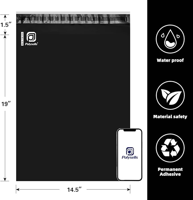POLYSELLS 50 pcs 14.5x19 Inches Black Poly Mailers Shipping Envelopes, Strong Adhesive Sealing, Waterproof, and Tear-resistant Postal Mailing Bags for Clothing, Books, and Accessories