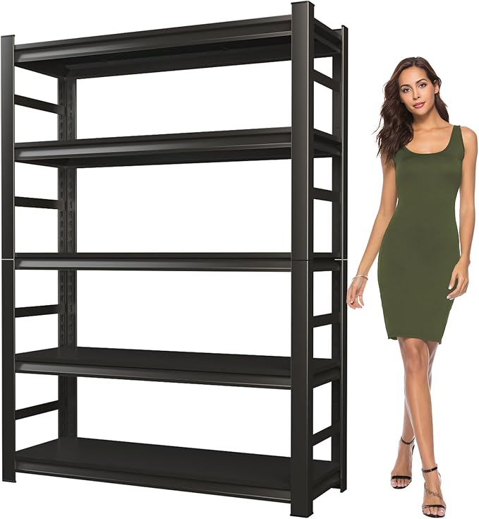 Adjustable 5-Tier Garage Shelving, Heavy Duty Steel Storage Rack, High Load Capacity, Ideal for Garage, Warehouse, or Home Organization (with Fences, 32" W*15.7" D*63" H)