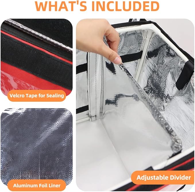Red Insulated Bags For Food Delivery XL - 18.1" x 13.8" x 13.8", Commercial Insulated Food Delivery Bag w/ Divider, Waterproof & Foldable Catering Bag Food Deliveries, Delivery Pizza Bags 12 Inches