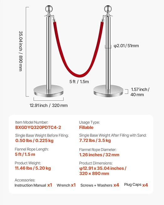 VEVOR Stanchions and Velvet Ropes 4Pcs, Hollow Base with Stainless Steel Post, 2 Red Velvet Ropes and Posts, Crowd Control Barriers Silver Stanchions, Red Carpet Runner Poles for Party Supplies