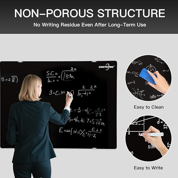 Magnetic Glass Blackboard - Glass Dry Erase Board 48"x36" Large Frameless Board for Walls Office School and Home,Black