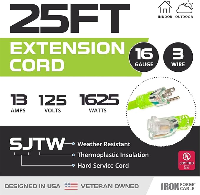 Iron Forge Cable Weatherproof 25 Ft Outdoor Extension Cord - 16/3 SJTW 13 Amp Heavy Duty Neon Green High Visibility Cable with 3 Prong - Lighted End
