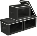 Storage Boxes with Lids - 3 Pack Fabric Clear Window Storage Bins, Collapsible Storage Bins with Lids, Linen Closet Organizer for Clothes, Towel, Blanket, Black