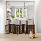 unipaws 24”H Free Standing Pet Gate for Dogs and Cats, Wooden Dog Gates for Doorway, Stairs, Dog Room Divider, Step Over Foldable Pet Fence for The House, Expandable Barrier, Indoor Use, Espresso