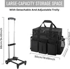Rolling Cleaning Caddy Bag with Detachable Trolley, Large Cleaning Supplies Organizer with Wheels, Multi Pocket Cleaning Cart with Adjustable Shoulder Strap for Housekeepers & Home Use, Black