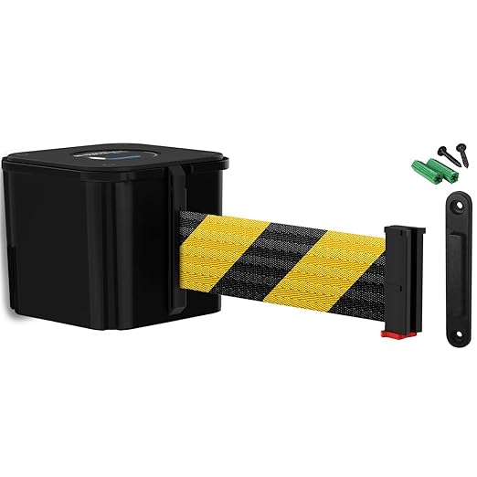 WM412 Retractable Belt Wall Mounted Smooth Black Crowd Control Barrier and Receiving End, 20' Black/Yellow Diagonal Belt