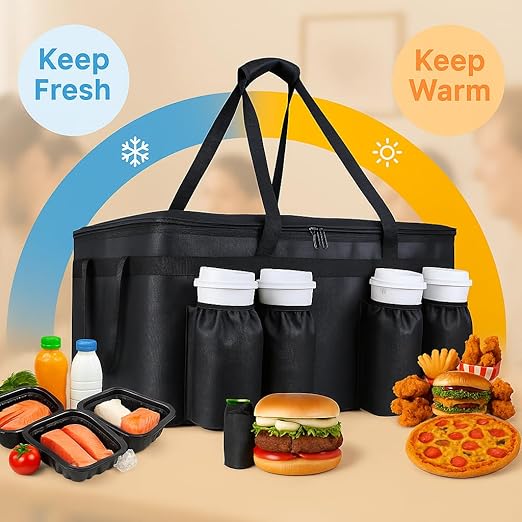 Insulated Food Delivery Bag with 4 Cup Holder and Bottom Support, XXX-Large Insulated Grocery Bags Keep Food Hot/Cold, Cooler Bags with Drink Carrier, Food Carrier Catering Bag for Events,Black