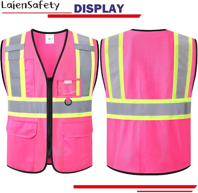 Safety Vest for Men Women Reflective with Multiple Pockets Mesh High Visibility Construction Work Vest,Meets ANSI/ISEA Standards(EK1-178-Pink-S)