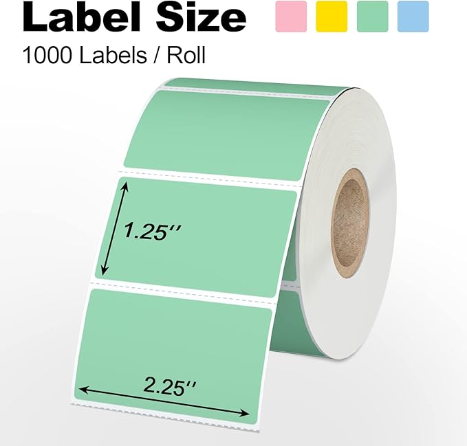 Misofuki 2.25" x 1.25" Green Direct Thermal Barcode Labels 1000 Pcs for Zebra ZD410 ZD411 LP2824, 2-1/4x1-1/4 1 Roll Waterproof Strong Adhesive Perforated Return Address Labels Used with Rollo MUNBYN