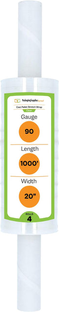PSBM Stretch Wrap with Handles, 4 Pack, 20" x 1000 Feet, 90 Gauge, Clear Plastic Cling with Extended Core Handles Built in