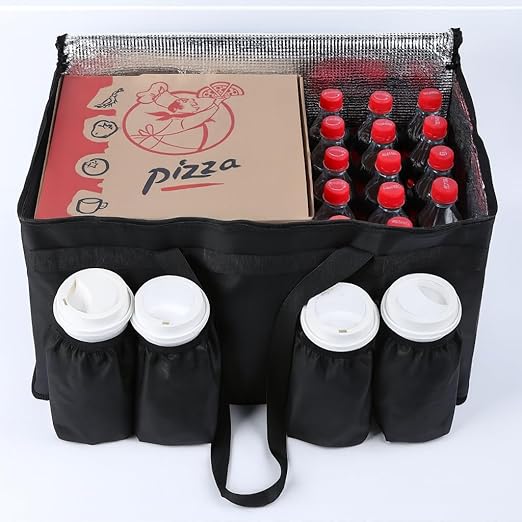 Insulated Food Delivery Bag with 4 Cup Holders, XXX-Large Grocery Bags Keep Food Hot/Cold, Catering Cooler Bags with Drink Carrier, Commercial Food Warmer for Transport & Shopping, Black
