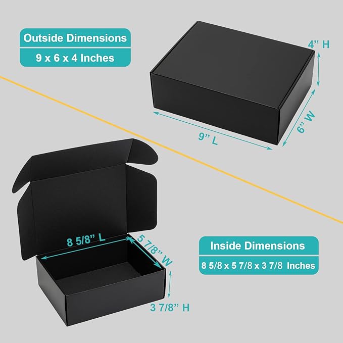 Mcfleet 9x6x4” Black Shipping Boxes - 24 Pack Corrugated Cardboard Mailing Box Packaging for Small Business - Tab Locking Literature Mailer Flat Empty Gift Packing Supplies