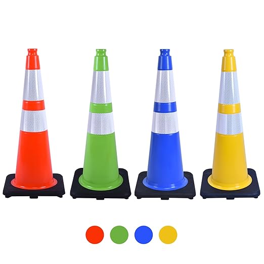 6 Pack 28 Inch Blue Reflective Traffic Cones, Durable Black Base Cones for Parking Management, Construction Sites and Outdoor Events (6, Blue, 28 Inch)