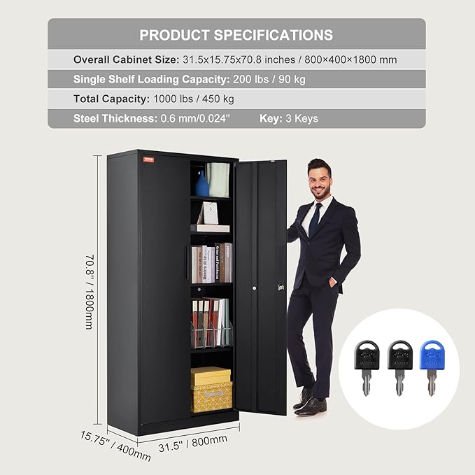 VEVOR Metal Storage Cabinet, Steel Locking Storage Cabinet with 2 Magnetic Doors and 4 Adjustable Shelves, 71'' Metal Cabinet 200 lbs Capacity per Shelf with 3 Keys, for Office, Home, Garage, Black