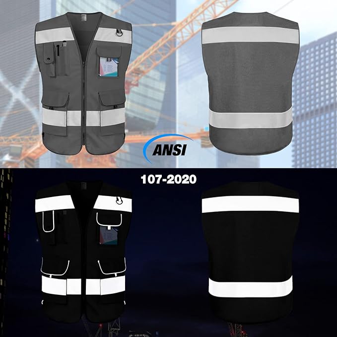 TCCFCCT Safety Vest for Men Women 9 Pockets High Visibility Reflective Vest for Safety, Work Vest with Reflective Strips, Meets ANSI/ISEA Standards, (Grey, X-Large)