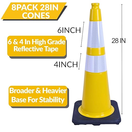 BESEA 8PACK 28” inch Traffic Safety Cones Yellow Road Parking Cones Heavy Duty Construction Cone Structurally Stable for Traffic Control at Public Place