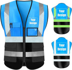 YOWESHOP High Visibility Safety Vest Custom Your Logo Protective Workwear 5 Pockets With Reflective Strips Outdoor Work Vest (XL, Blue Black Luminous)