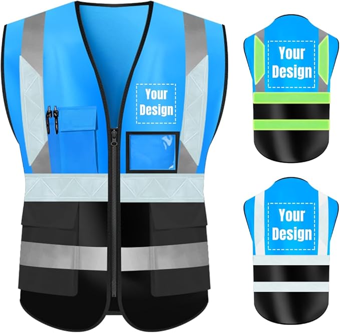 YOWESHOP High Visibility Safety Vest Custom Your Logo Protective Workwear 5 Pockets With Reflective Strips Outdoor Work Vest (2XL, Blue Black Luminous)