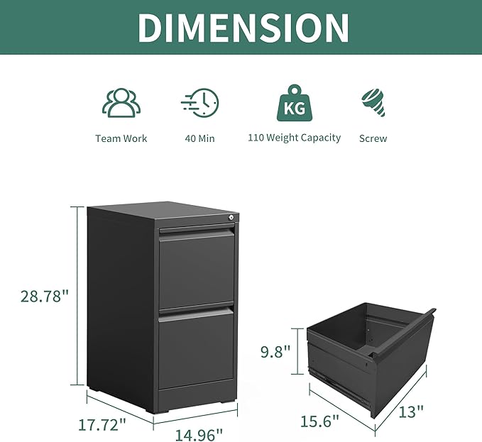 2 Drawer File Cabinet with Lock, Steel Vertical Filing Cabinets for Home Office, Small Metal Storage Cabinet for Hanging Legal/Letter Size Files, Assembly Required (Black)
