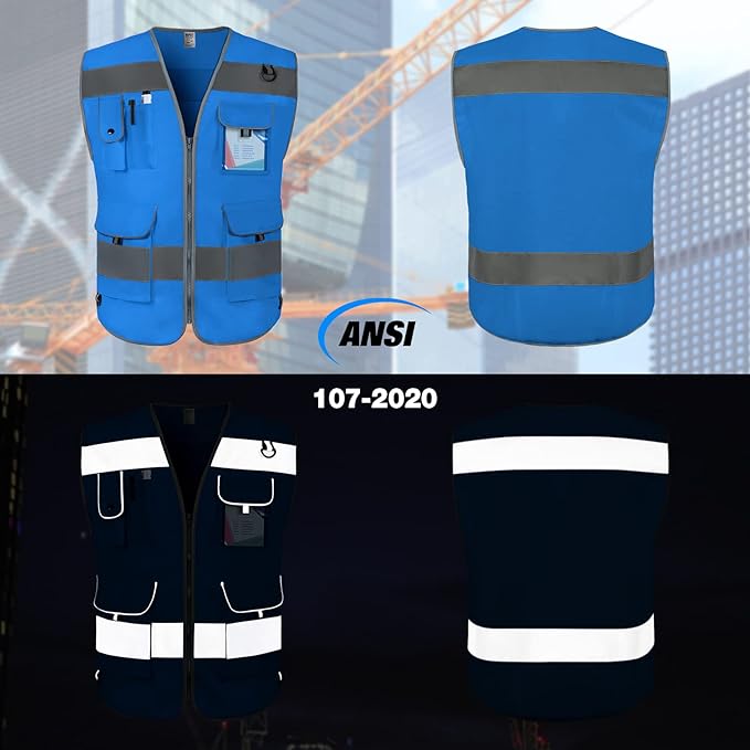 TCCFCCT High Visibility Safety Vest for Men Women 9 Pockets Hi Vis Reflective Vest for Safety, Work Vest with Reflective Strips, Meets ANSI/ISEA Standards, (Blue, 5X-Large)