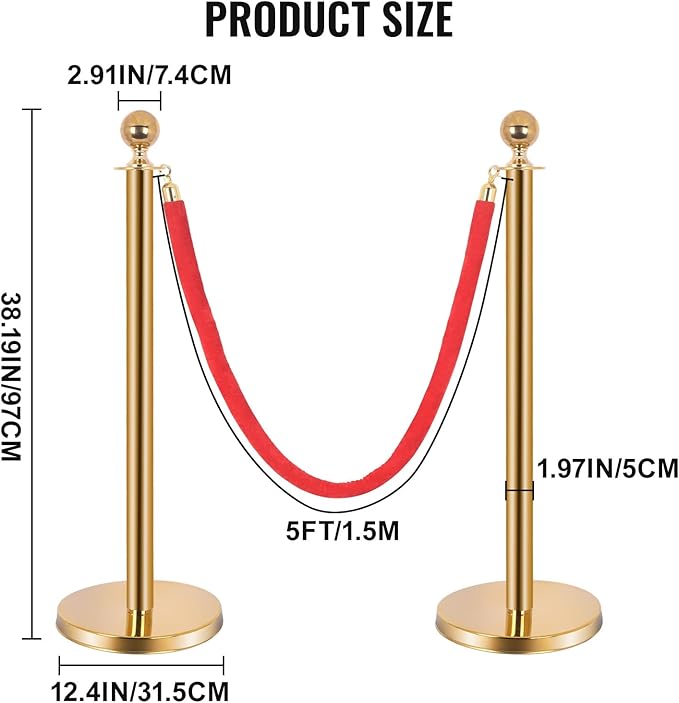 6PCS Stainless Steel Stanchions w/ 4 Red Velvet 5ft Carpet Ropes - Hollow Base for Red Carpet Queue - Crowd Control Barriers Ideal for Party, Wedding, Hotels, Exhibitions - Gold