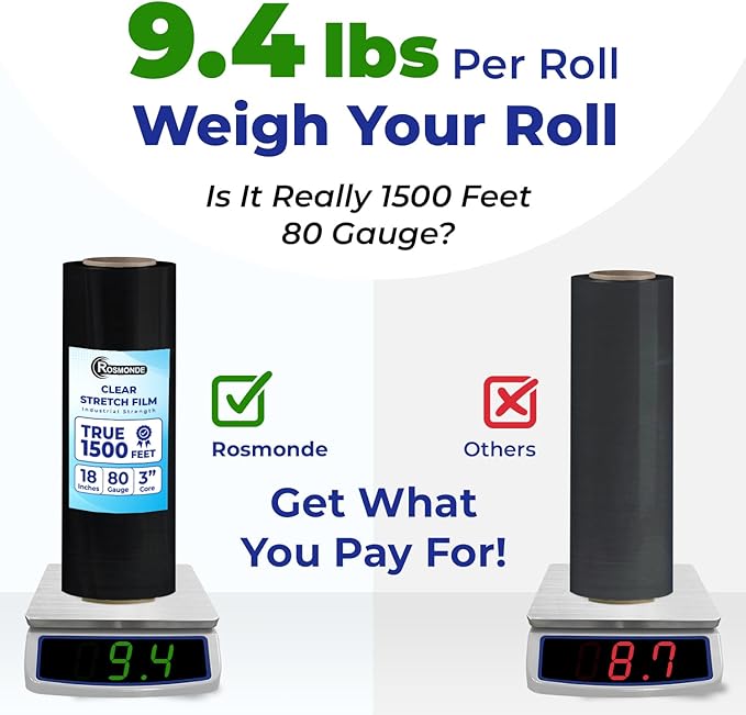 Rosmonde Bulk Plastic Wrap For Moving, 200 Rolls, 80 Gauge Thick Black Industrial Shrink Wrap Roll, True 18" x 1500 ft Stretch Wrap, 3" Core, Black Stretch Film Roll for Warehouses, Moving & Packaging