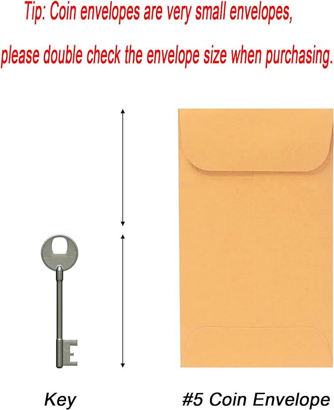 500 PCS #5 Coin Envelopes, 3.125 x 5.5 inches Brown Kraft Envelopes Classic Small Parts Envelopes with Self Adhesive Gummed Flap for Coins, Cash, Credit Cards, Seeds