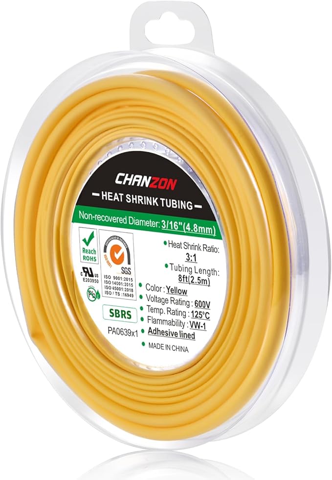 Chanzon 3:1 Ratio 3/16" (4.8mm) Heat Shrink Tubing - Marine Grade Waterproof Adhesive Lined - 8Ft Roll (2.5M Total Length) Yellow Polyolefin Sleeving Wrap Shrinking 3 to 1 Ratio 1pcs