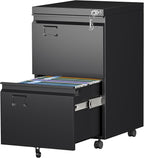 Aobabo 2 Drawer File Cabinet with Wheels, Lockable Metal Filing Cabinet with Business Card Slot for Legal/Letter Size Home Office, Required Assembled,Black