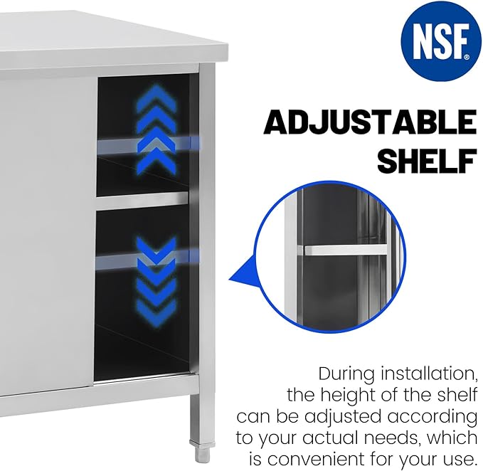 Hally Stainless Steel Cabinet, 30" x 60" NSF Commercial Heavy Duty Prep Workbench with Two Sliding Doors, Large Storage Cabinet, Metal Table for Kitchen, Restaurant, Garage