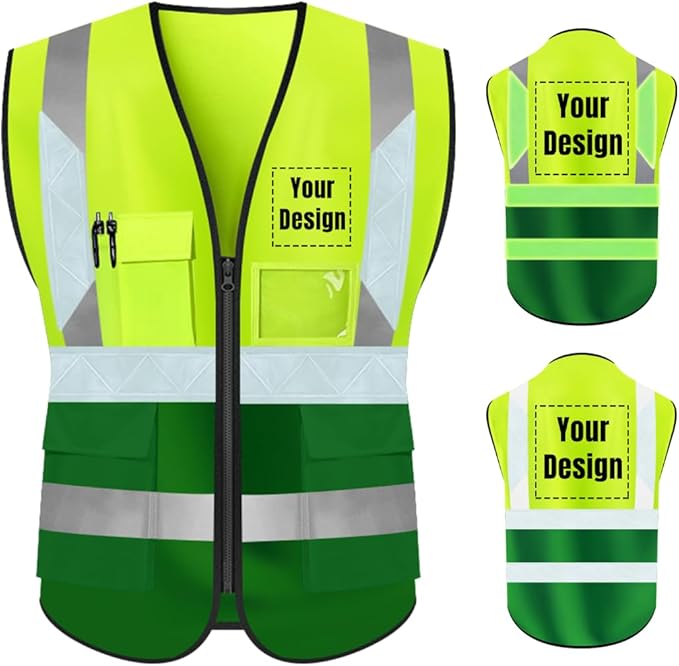 YOWESHOP High Visibility Safety Vest Custom Your Logo Protective Workwear 5 Pockets With Reflective Strips Outdoor Work Vest (L, Yellow Green Luminous)