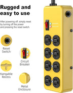 Heavy Duty Power Strip 20 amp,Metal 8 Outlet Power Strip,Wall Mount Surge Protector 4800J,12 Gauge 6FT Extension Cord 5-15P Adapter Workshop & Industrial Use with 6-20R T-Slot Outlets