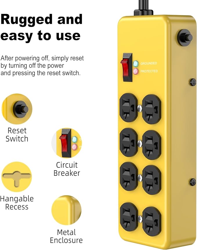 Heavy Duty Power Strip 20 amp,Metal 8 Outlet Power Strip,Wall Mount Surge Protector 4800J,12 Gauge 10FT Extension Cord 5-15P Adapter Workshop & Industrial Use with 6-20R T-Slot Outlets