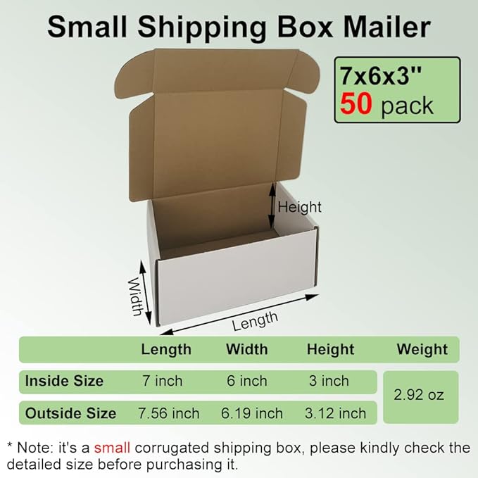 25 Pack 7x6x3'' Shipping Boxes, White Corrugated Cardboard Mailers for Mailing Packaging Small Business(W763-25)