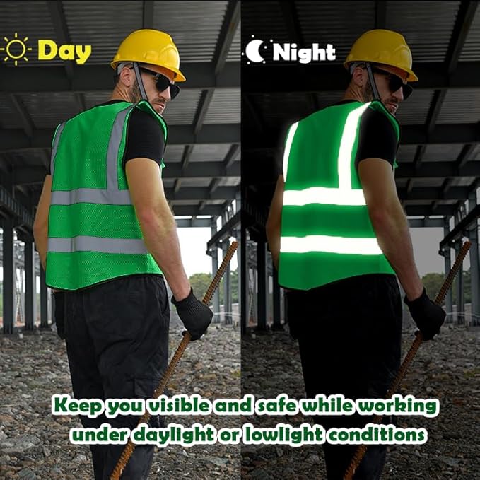 BeautyWill 10 Pack Mesh Safety Vest Custom Logo Class2 High Visibility Reflective Vest with 5 Pockets Construction Security Work Vest ANSI/ISEA Standards（Green，4XL ）