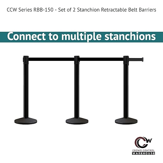Crowd Control Warehouse CCW Series RBB-150 - Set of 2 Stanchion Retractable Belt Barriers - 16 Foot, Blue Belt with Polished Stainless Steel Post - Easy Assembly