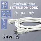 EP 50 Ft Outdoor Extension Cord, 12/3 SJTW Heavy Duty Extension Cable with 3 Prong Grounded Plug, 15 AMP Power Cord for Lawn, Garden, Appliances, White