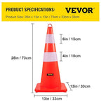 VEVOR Safety Cones, 6 x 28" Traffic Cones, PVC Orange Construction Cones, 2 Reflective Collars Traffic Cones with Weighted Base and Hand-Held Ring Used for Traffic Control, Driveway Road Parking