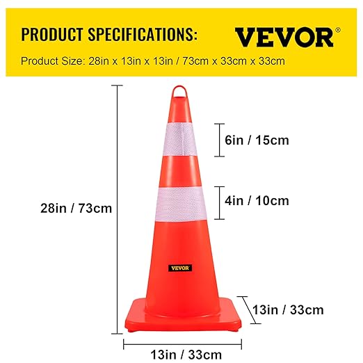 VEVOR Safety Cones, 10PCS 28" Traffic Cones, PVC Orange Construction Cones, 2 Reflective Collars Traffic Cones with Weighted Base and Hand-Held Ring Used for Traffic Control, Driveway Road Parking