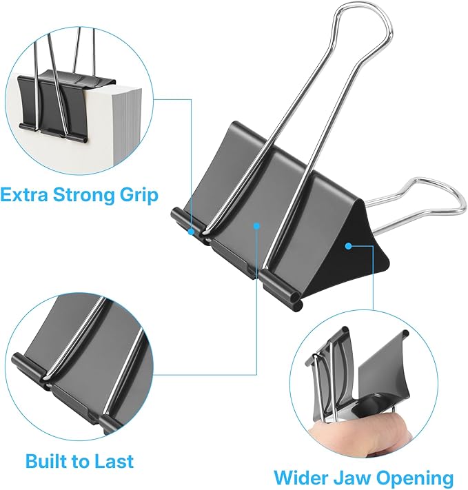 OWLKELA 3 Inch (12 Pcs) Jumbo Binder Clips, Extra Large Black Paper Clamps for Home, School and Office Supplies