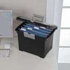 Sterilite Portable File Box, Stackable Storage Bin with Latching Lid and Handle, Plastic Container to Organize Papers in Home, Office, Black, 4-Pack