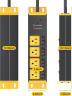 CCCEI Heavy Duty Surge Protector Power Strip 20 Amp Individual Switches. 25FT 12 Gauge Extension Cord with Multiple Outlets. Kitchen, Garage, Shop, Industrial Wall Mount Electric Extender, Yellow.