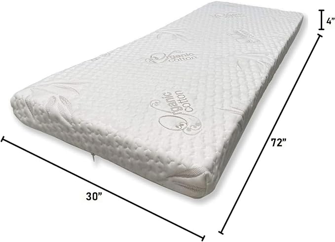 Foamma 4” x 30” x 72” High Density Foam Bunk Mattress, Organic Cotton Cover, Made in USA, Comfortable, CertiPUR-US Certified