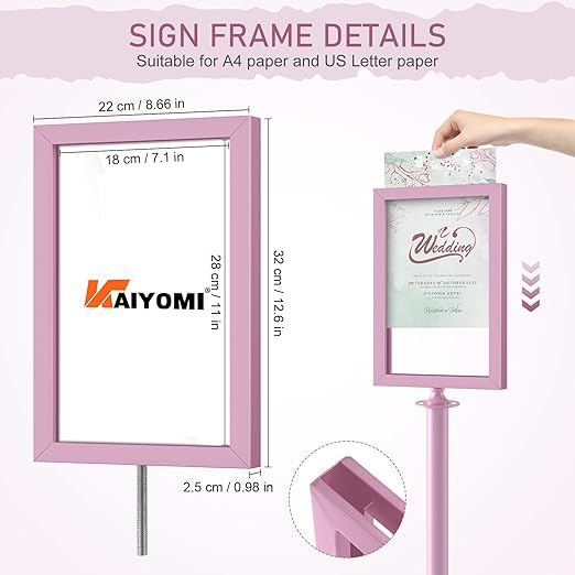 kaiyomi 8Pcs Stanchions Posts Velvet Ropes with Pink Carpet and Sign Frame, Water or Sand-Fillable Base, Suitable for 8.5" x 11" A4 Paper Size Sign Frame for Pink Carpet Party Decoration (Pink)